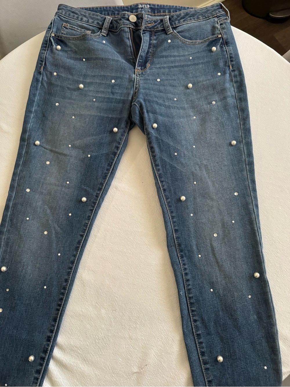 a.n.a Blue Skinny Jeans with Pearl Studs